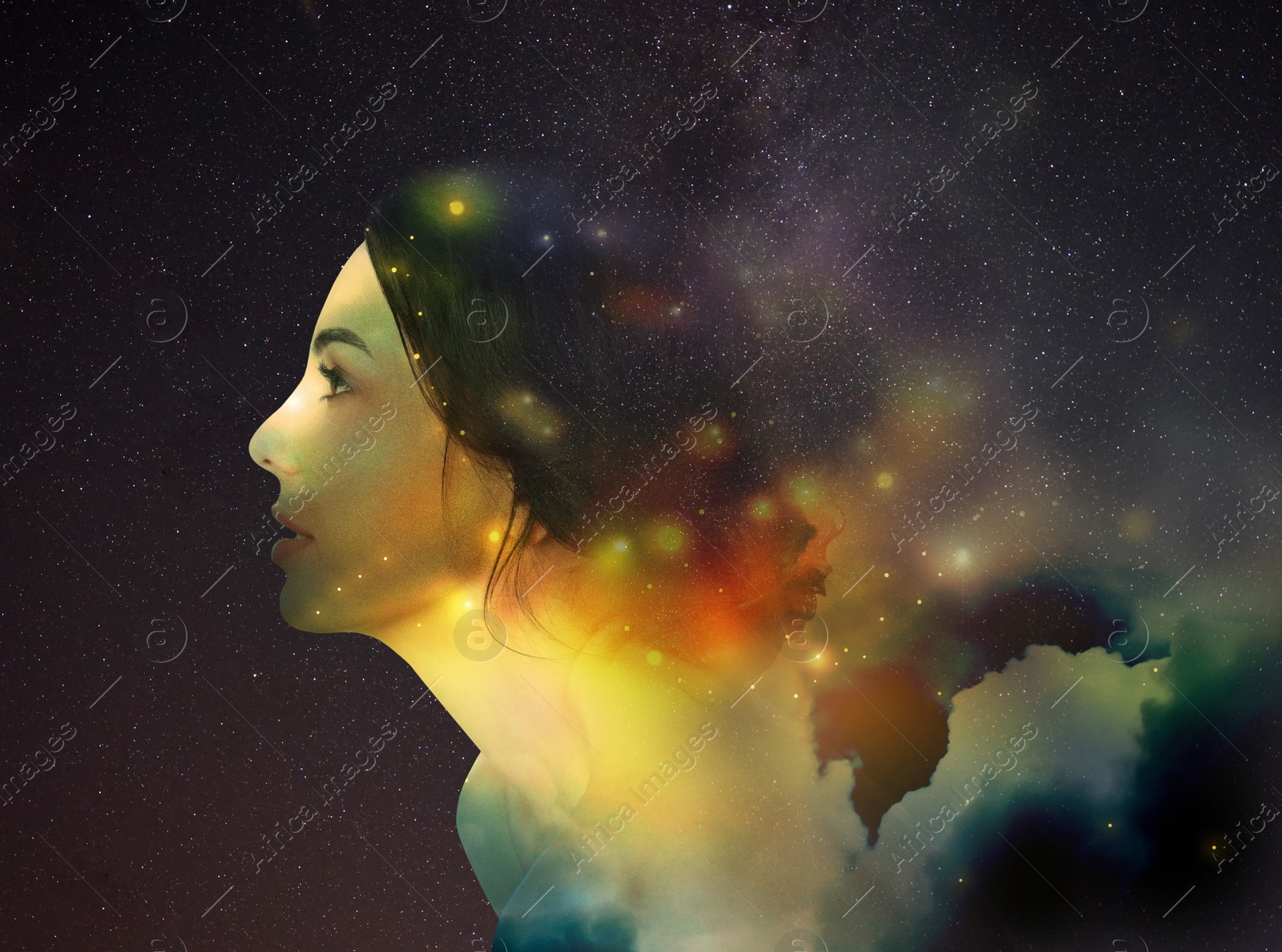 Image of Double exposure of beautiful woman and starry sky with galaxies. Astrology concept