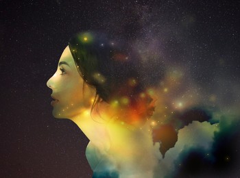 Image of Double exposure of beautiful woman and starry sky with galaxies. Astrology concept