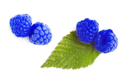 Fresh tasty blue raspberries on white background