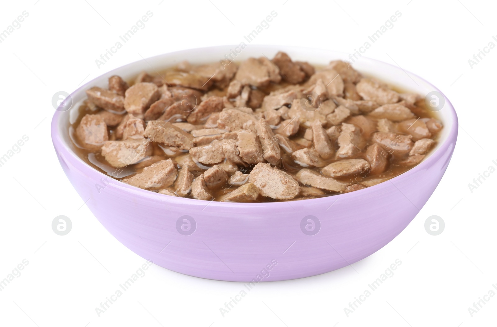 Photo of Wet pet food in feeding bowl isolated on white