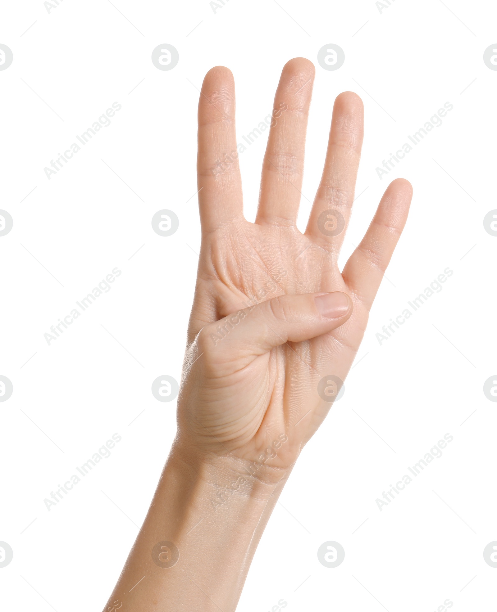 Photo of Woman showing four fingers on white background, closeup of hand