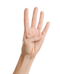 Photo of Woman showing four fingers on white background, closeup of hand