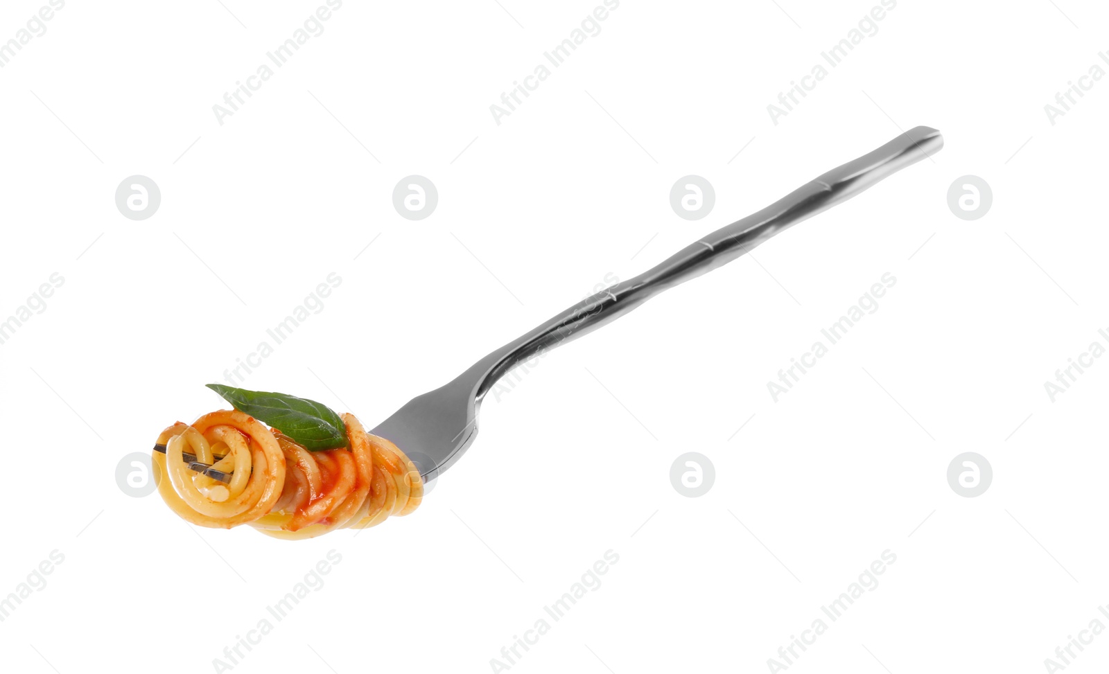 Photo of Fork with tasty pasta, basil and tomato sauce isolated on white