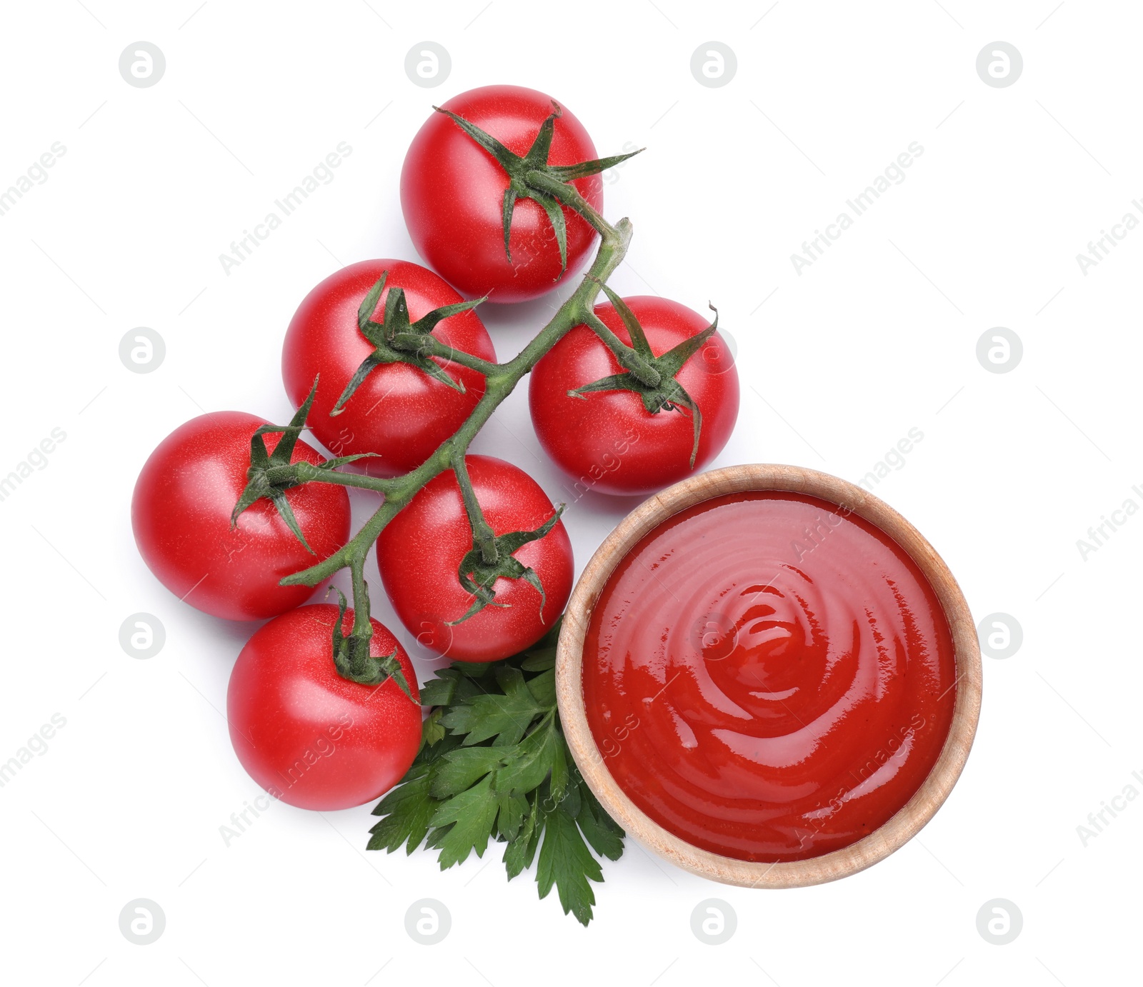 Bowl with tasty ketchup, parsley and fresh tomatoes isolated on white, top view Photo of Bowl with tasty ketchup, parsley and fresh tomatoes isolated on white, top view