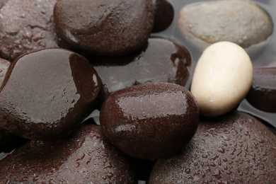 Photo of Spa stones in water as background, closeup. Zen lifestyle