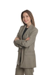 Photo of Portrait of beautiful young woman in fashionable suit on white background. Business attire