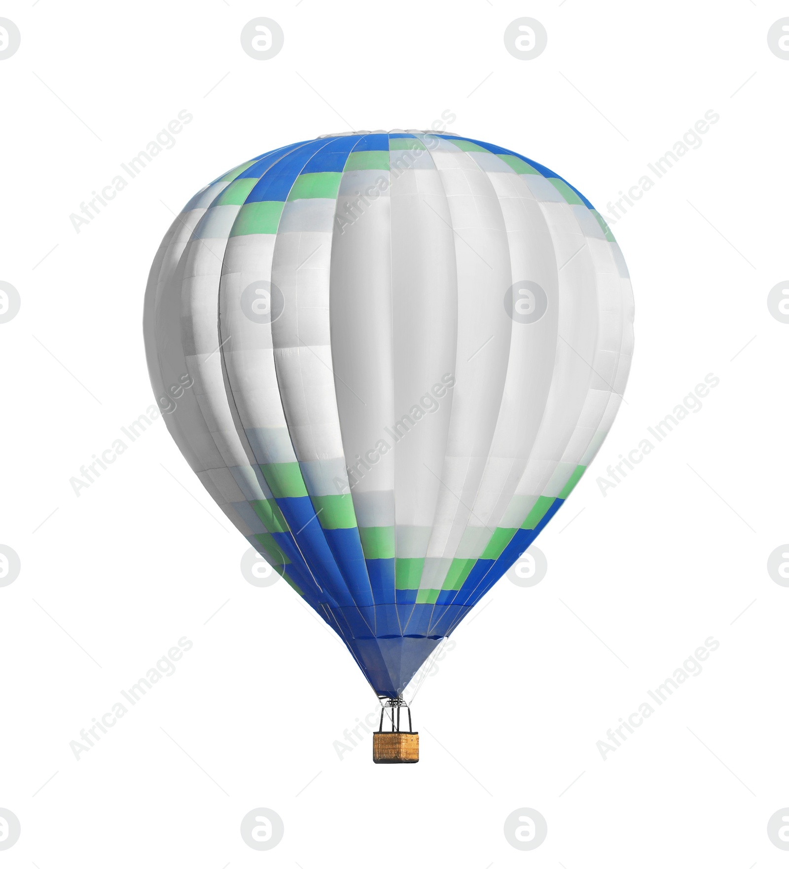 Image of Bright hot-air balloon with wicker basket on white background