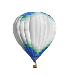 Image of Bright hot-air balloon with wicker basket on white background