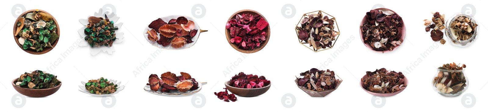 Image of Set with scented potpourri on white background. Banner design