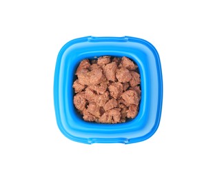 Wet pet food in feeding bowl isolated on white, top view