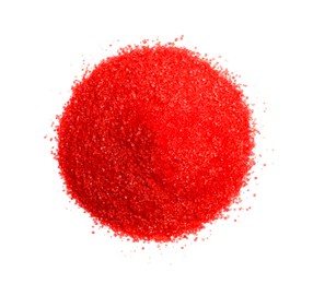 Photo of Heap of bright red food coloring isolated on white, top view