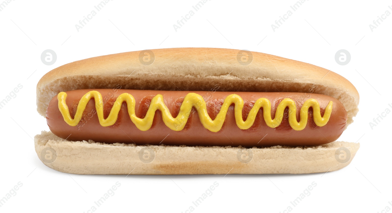 Photo of Delicious hot dog with mustard on white background