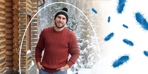Image of Man with strong immunity surrounded by viruses outdoors in winter, banner design