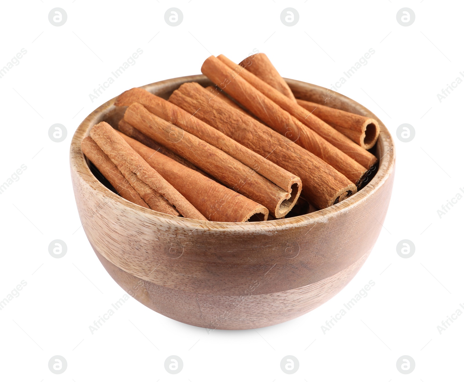 Photo of Cinnamon sticks in bowl isolated on white