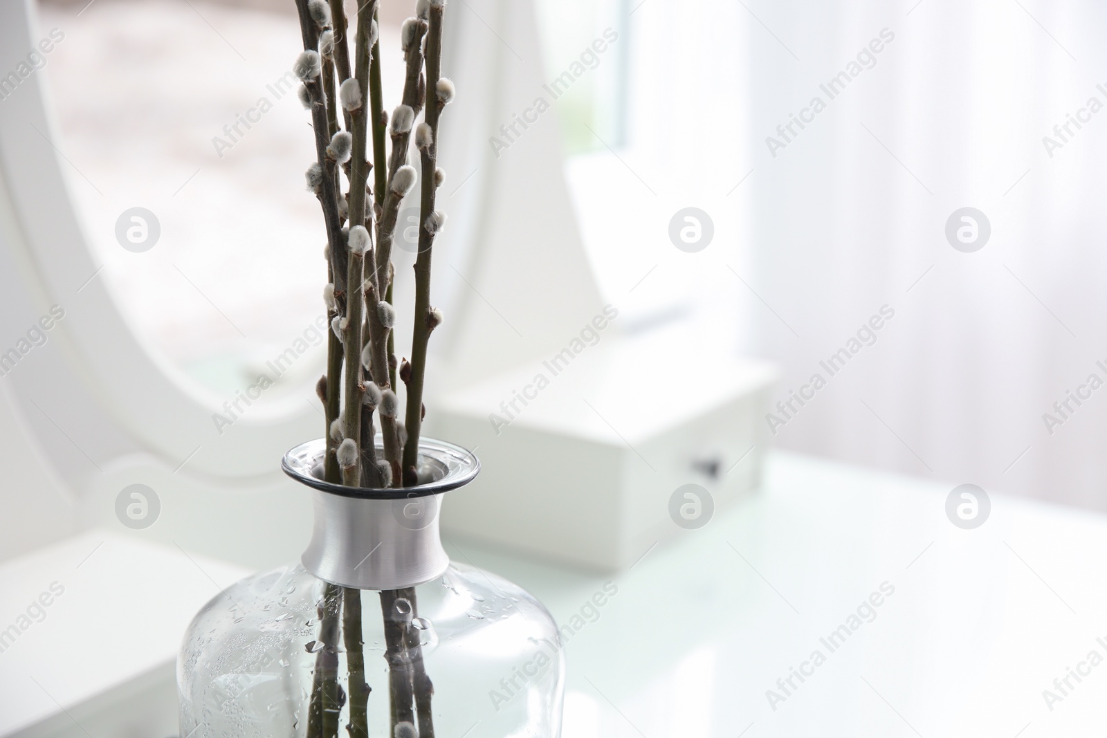 Photo of Beautiful blooming pussy willow branches on white dressing table indoors, closeup. Space for text