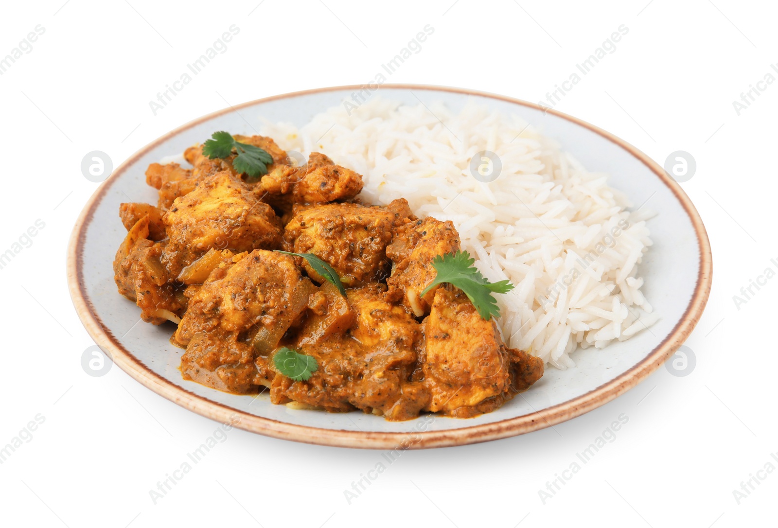 Photo of Delicious chicken curry with rice isolated on white