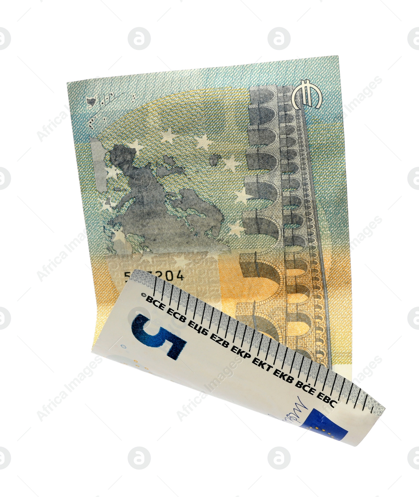 Photo of Flying five Euro banknote isolated on white