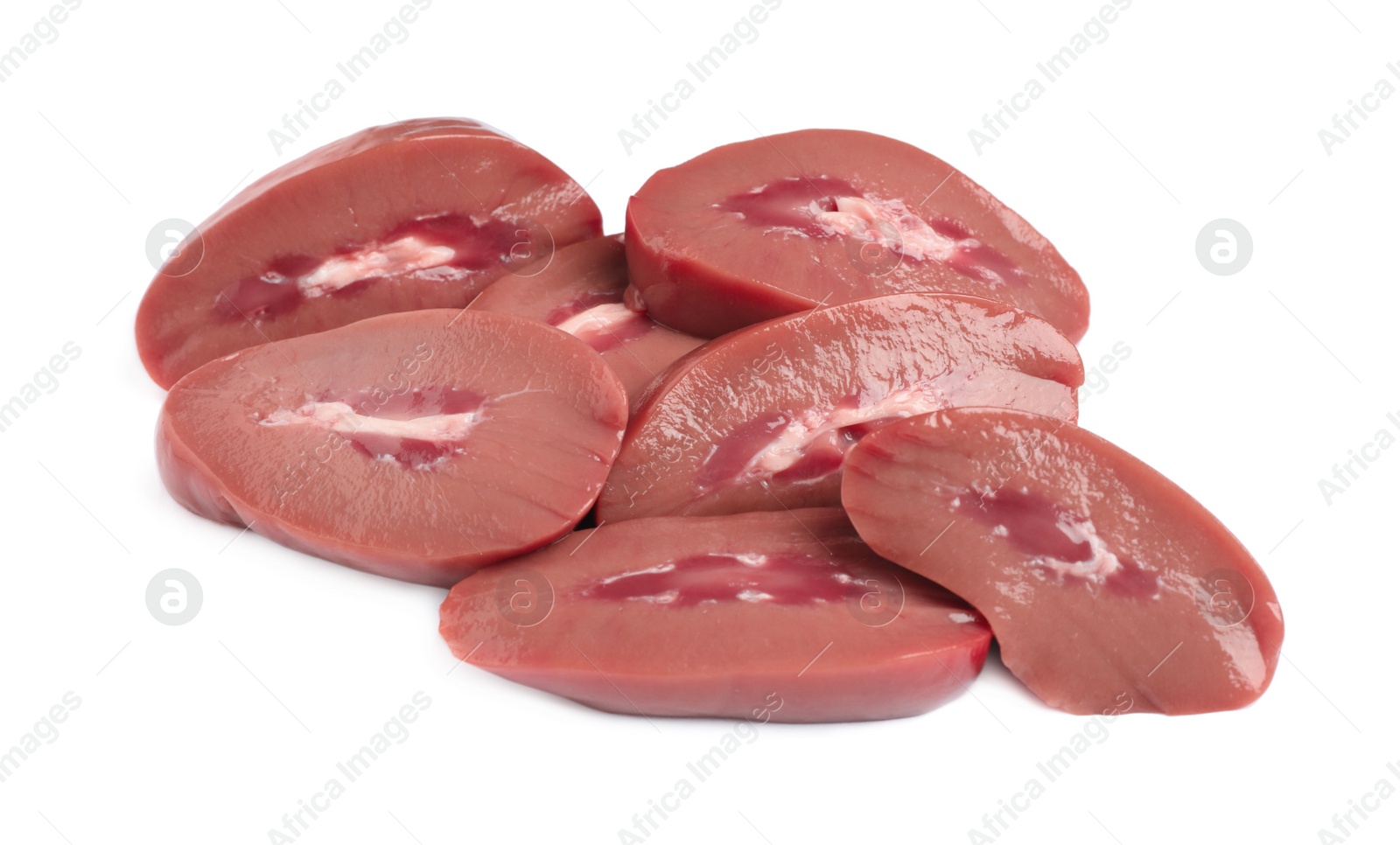 Photo of Cut fresh raw pork kidney on white background