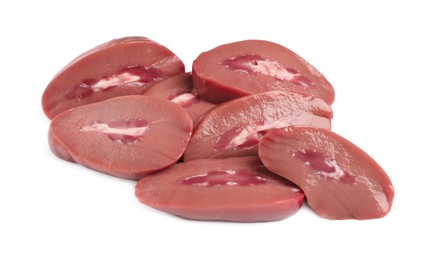 Cut fresh raw pork kidney on white background