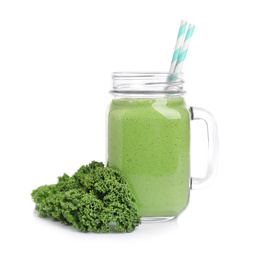 Photo of Tasty fresh kale smoothie on white background