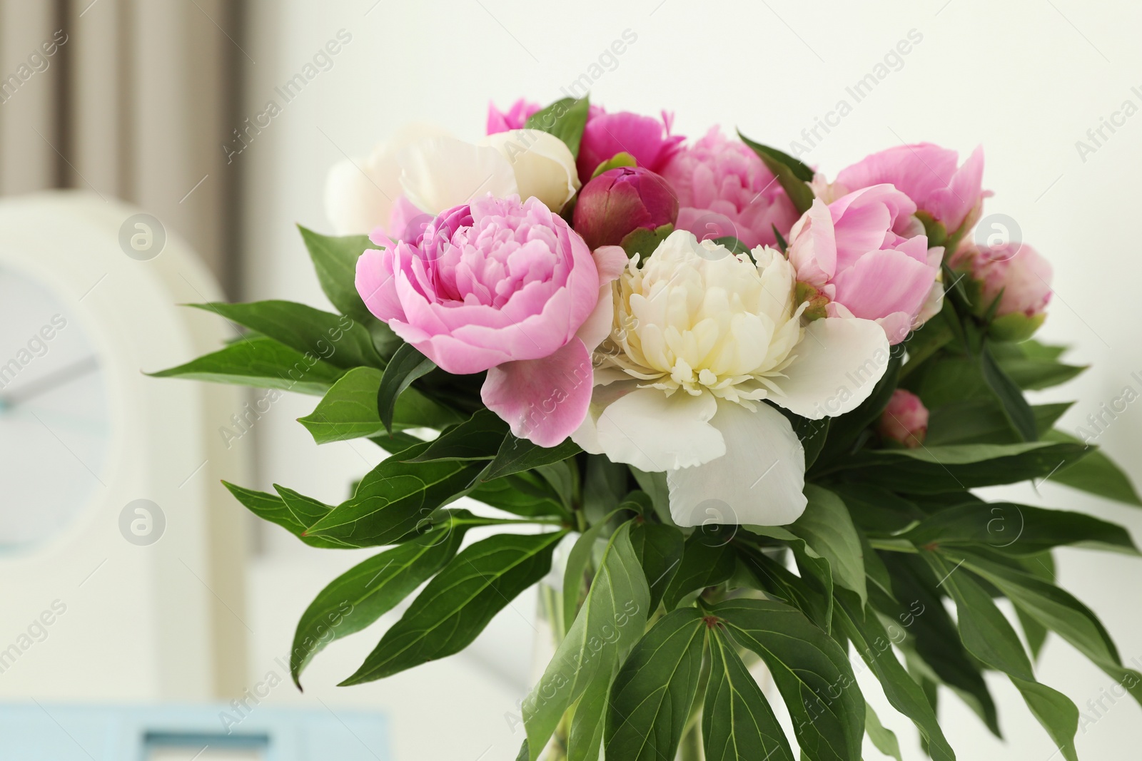 Photo of Bouquet of beautiful peonies in room, closeup