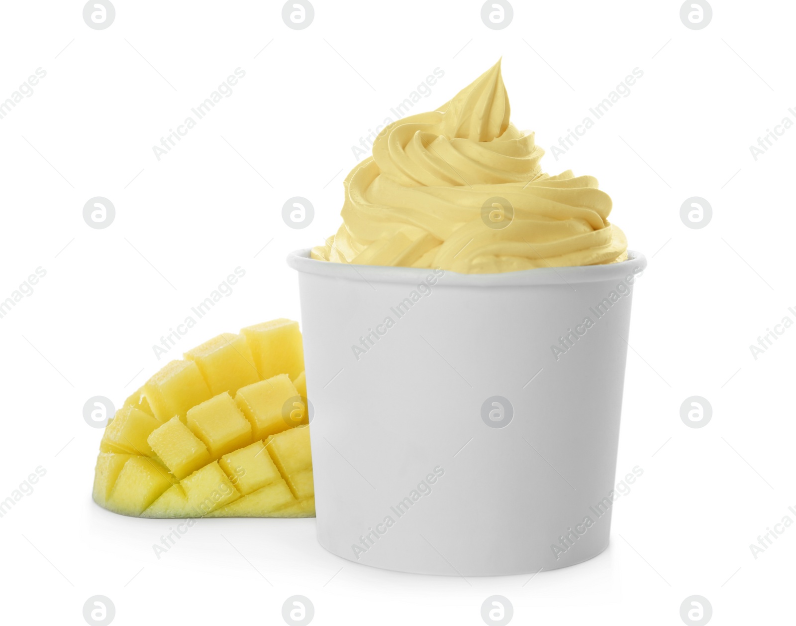 Photo of Cup of tasty frozen yogurt with mango on white background