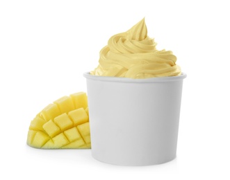 Photo of Cup of tasty frozen yogurt with mango on white background