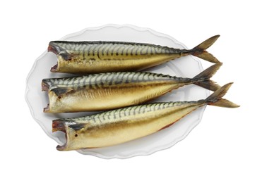 Photo of Delicious smoked mackerels on white background, top view