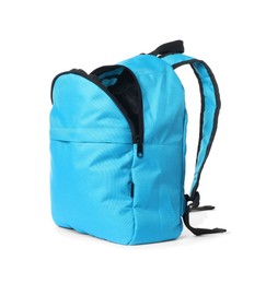 Photo of Stylish light blue backpack isolated on white