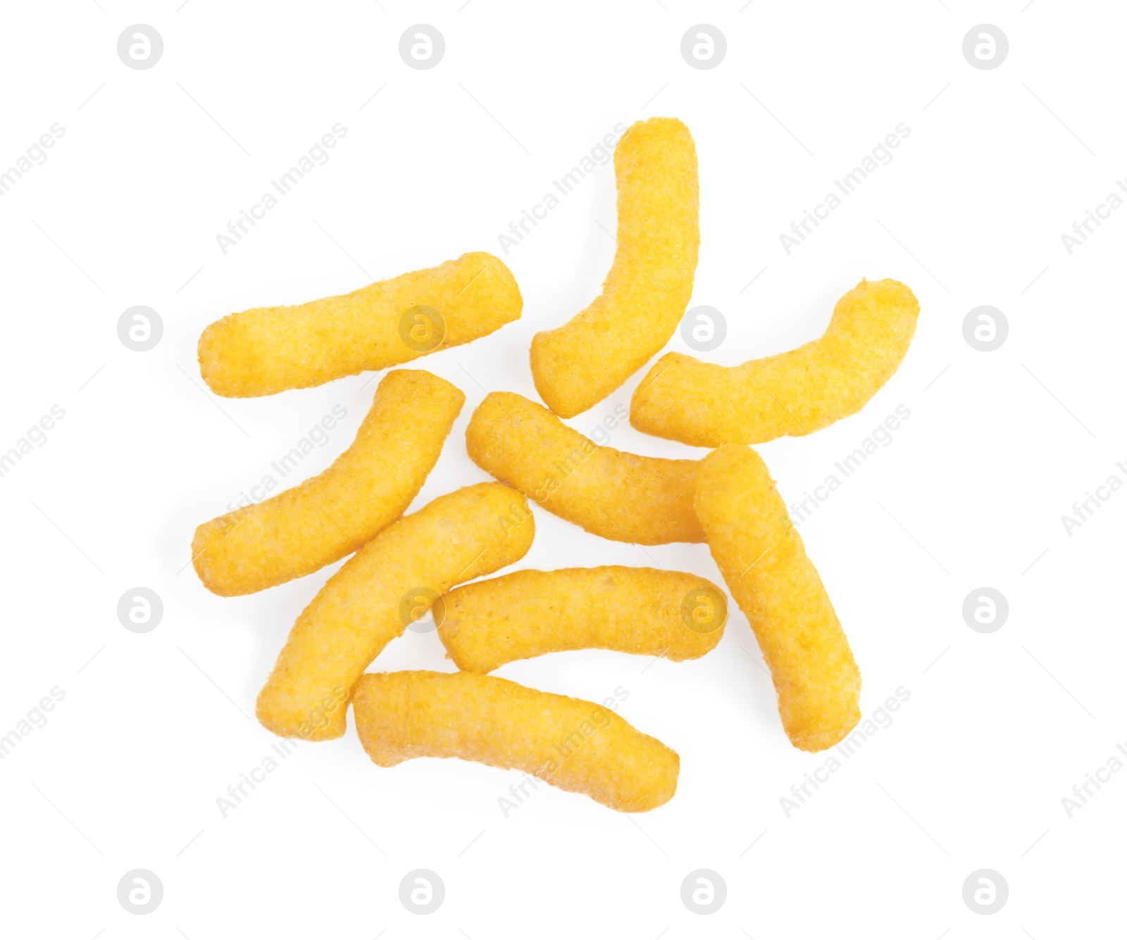 Photo of Tasty cheesy corn puffs isolated on white, top view