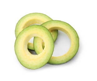 Slices of ripe avocado on white background