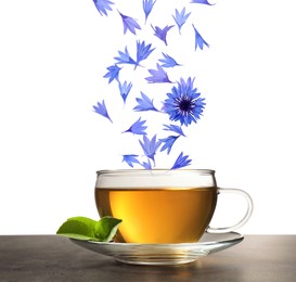 Image of Beautiful tender blue cornflower petals falling into cup of tea on white background