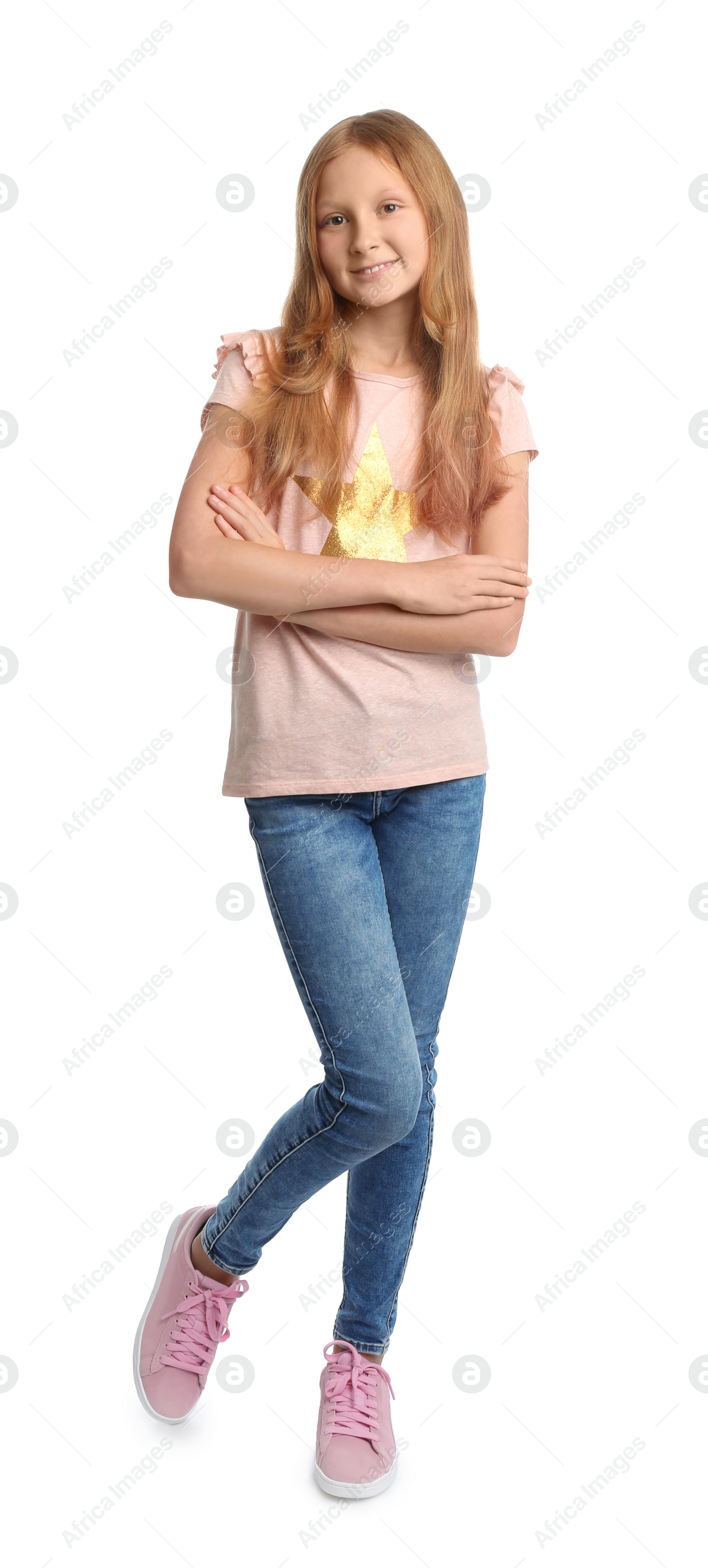 Photo of Full length portrait of preteen girl on white background