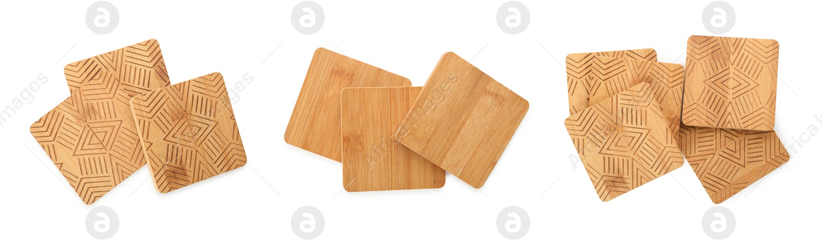 Image of Set with stylish wooden cup coasters on white background, top view. Banner design