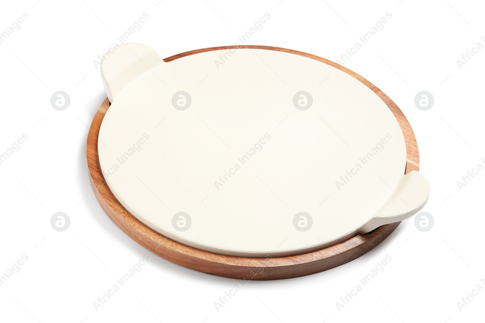 Photo of Board and tray for pizza on white background