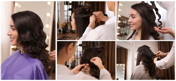 Hair styling process. Collage with photos of hairdresser and woman in salon