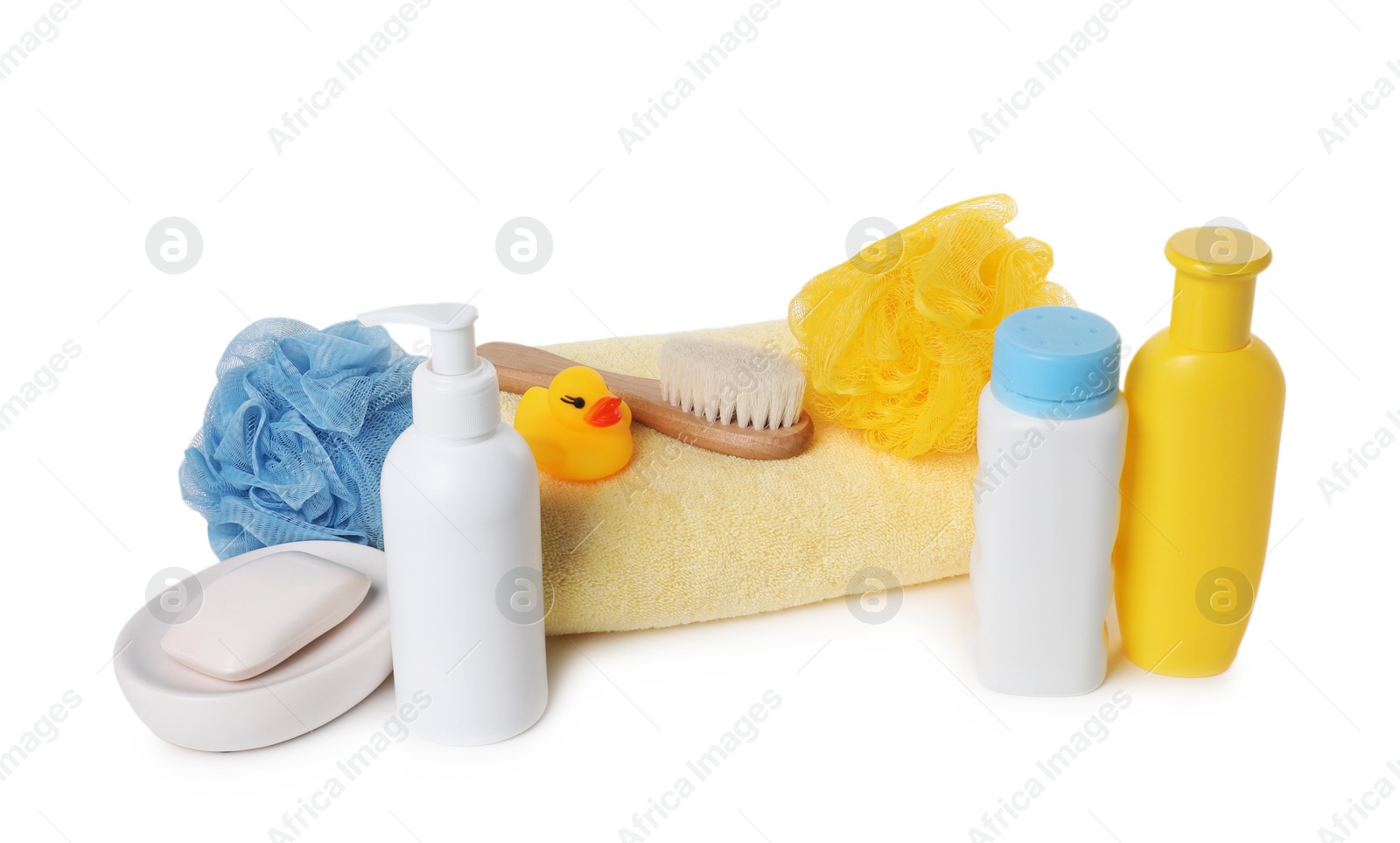 Photo of Baby cosmetic products, bath duck, brush and towel isolated on white