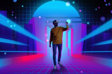 Metaverse. Man walking in bright neon cyber city during simulated experience using virtual reality headset. Illustration of immersion into digital space