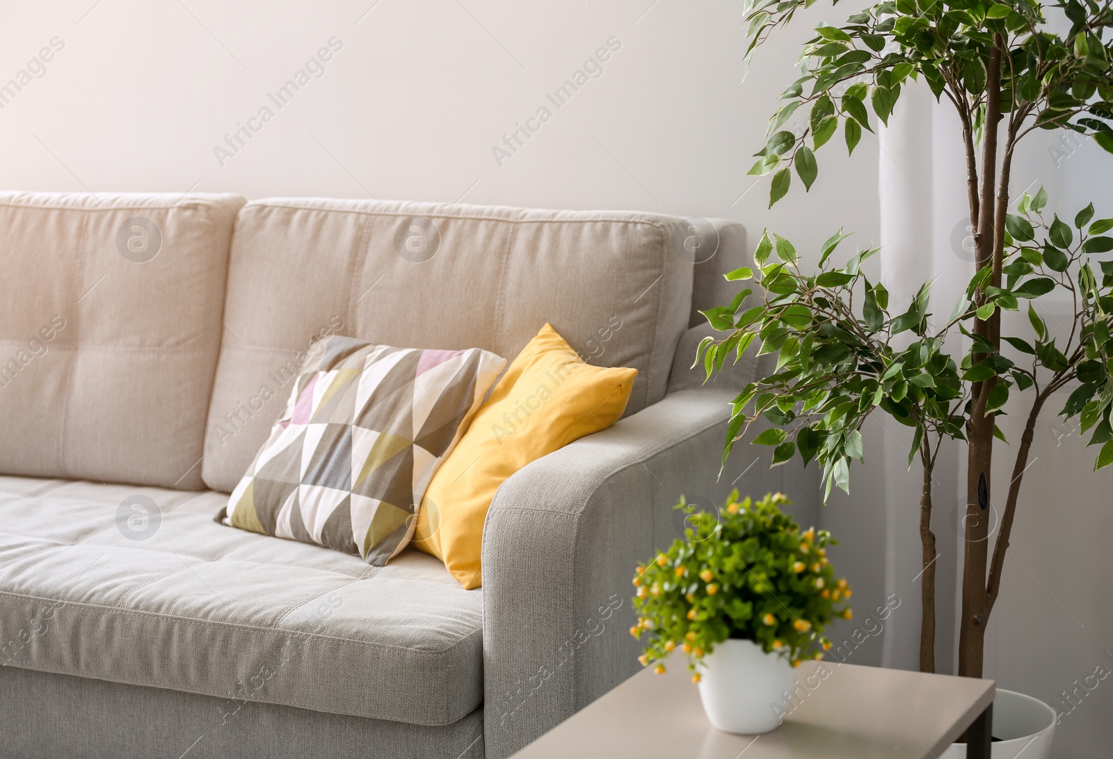 Photo of Comfortable sofa with pillows in living room