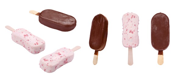 Image of Collage with ice creams isolated on white, different sides