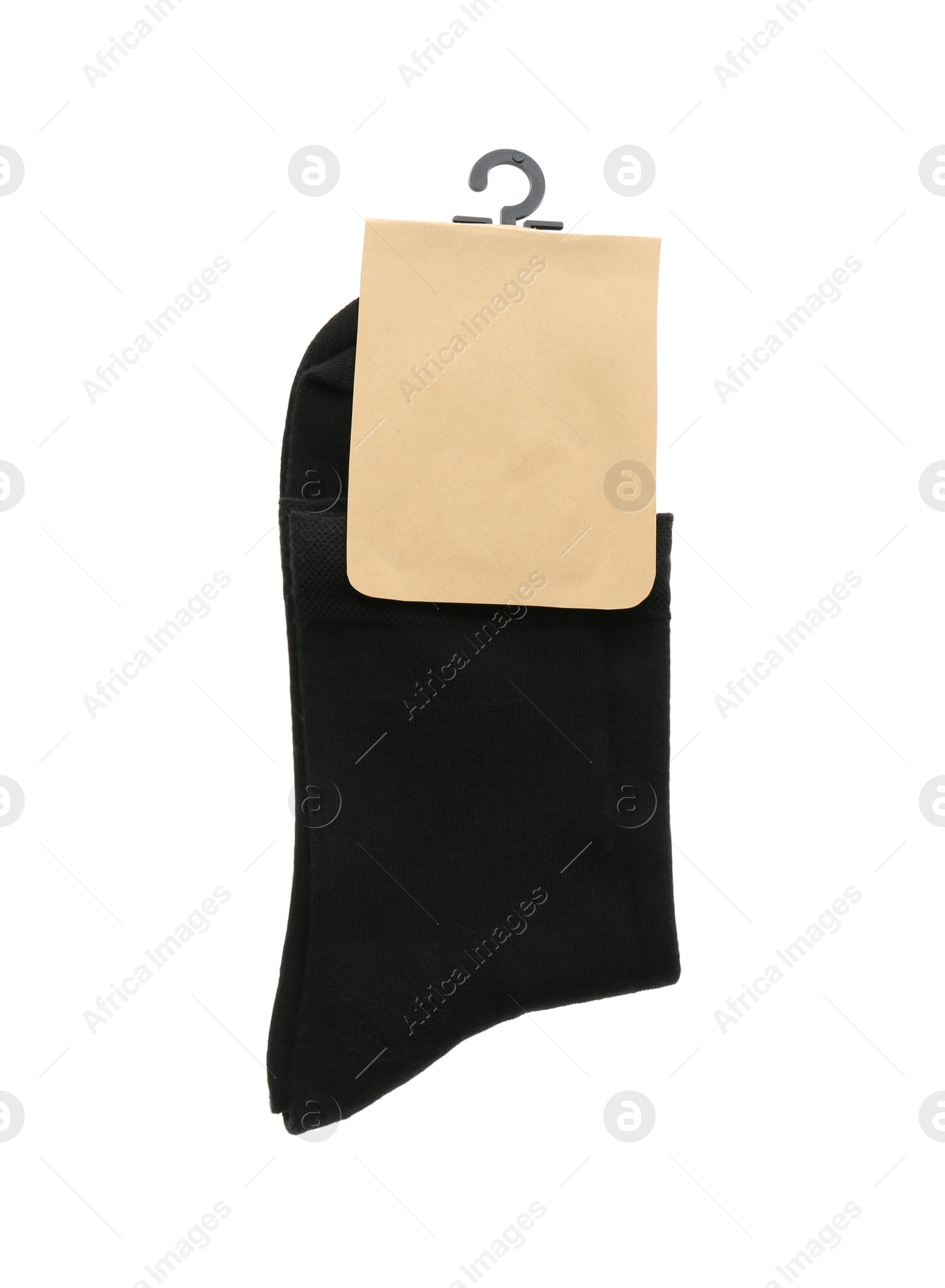 Photo of New pair of black socks on white background