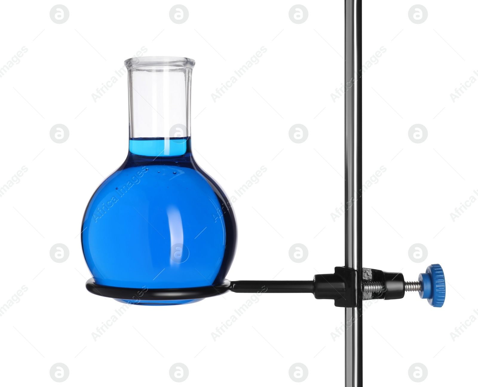 Photo of Retort stand with flask of light blue liquid isolated on white