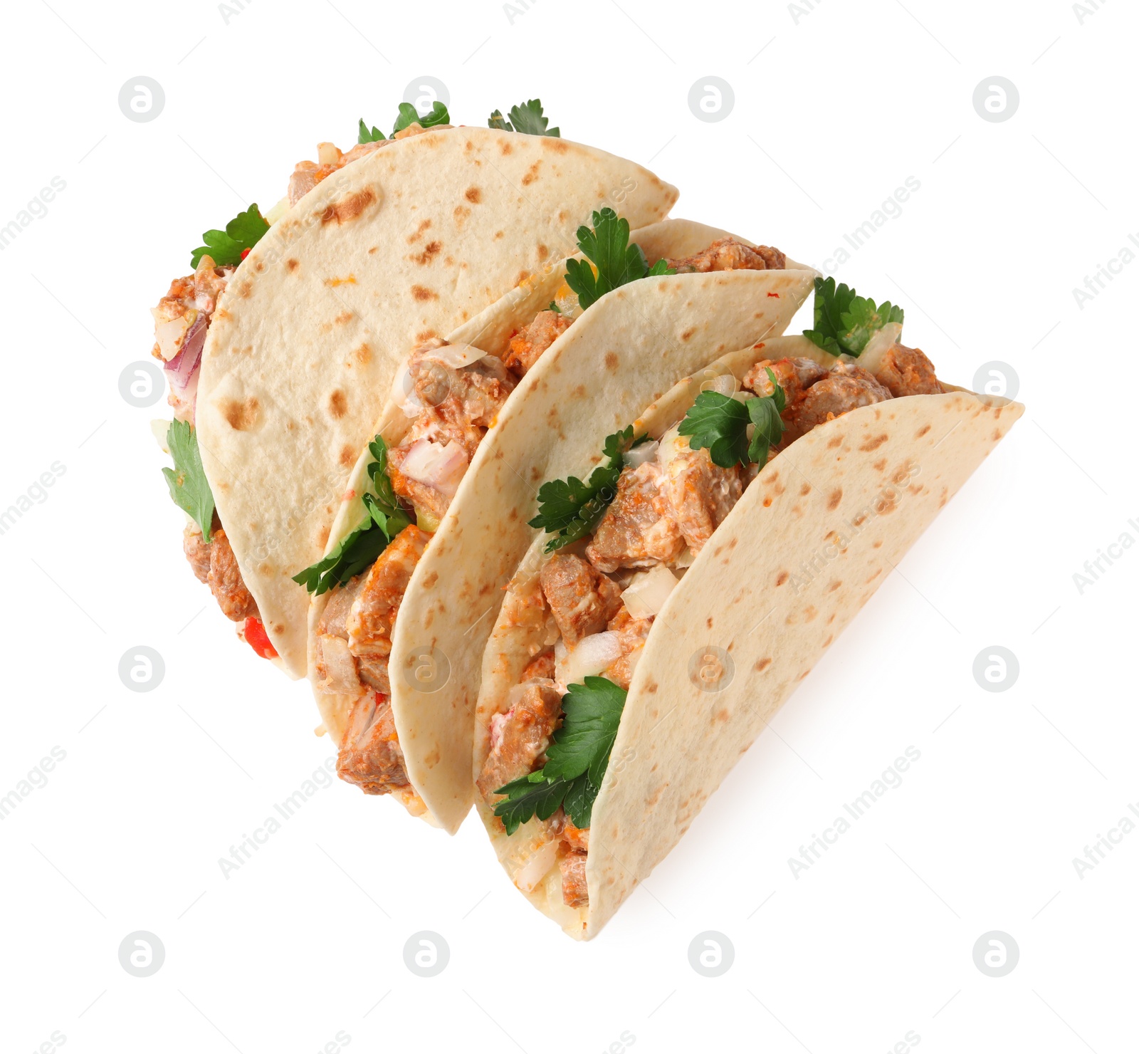 Photo of Delicious tacos with meat and parsley isolated on white