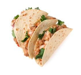 Delicious tacos with meat and parsley isolated on white