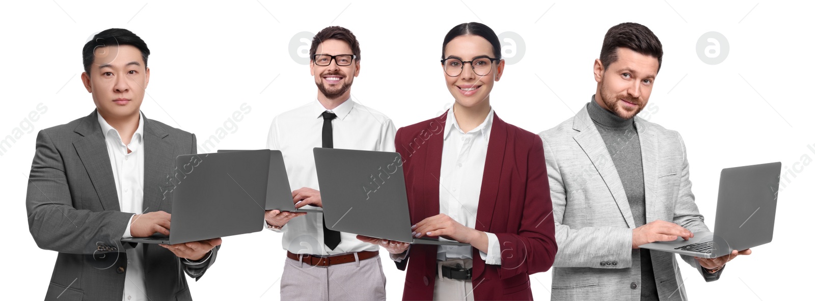 Image of Group of people with laptops on white background