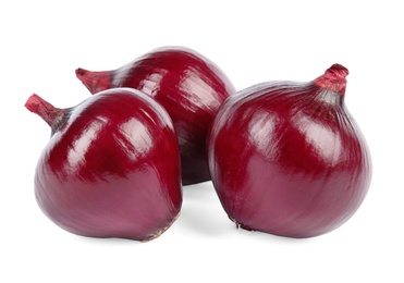 Photo of Fresh whole red onions on white background