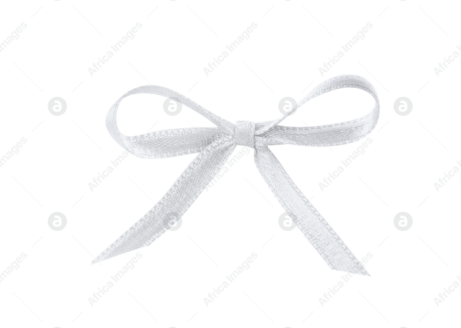 Photo of Beautiful silver ribbon tied in bow isolated on white, top view