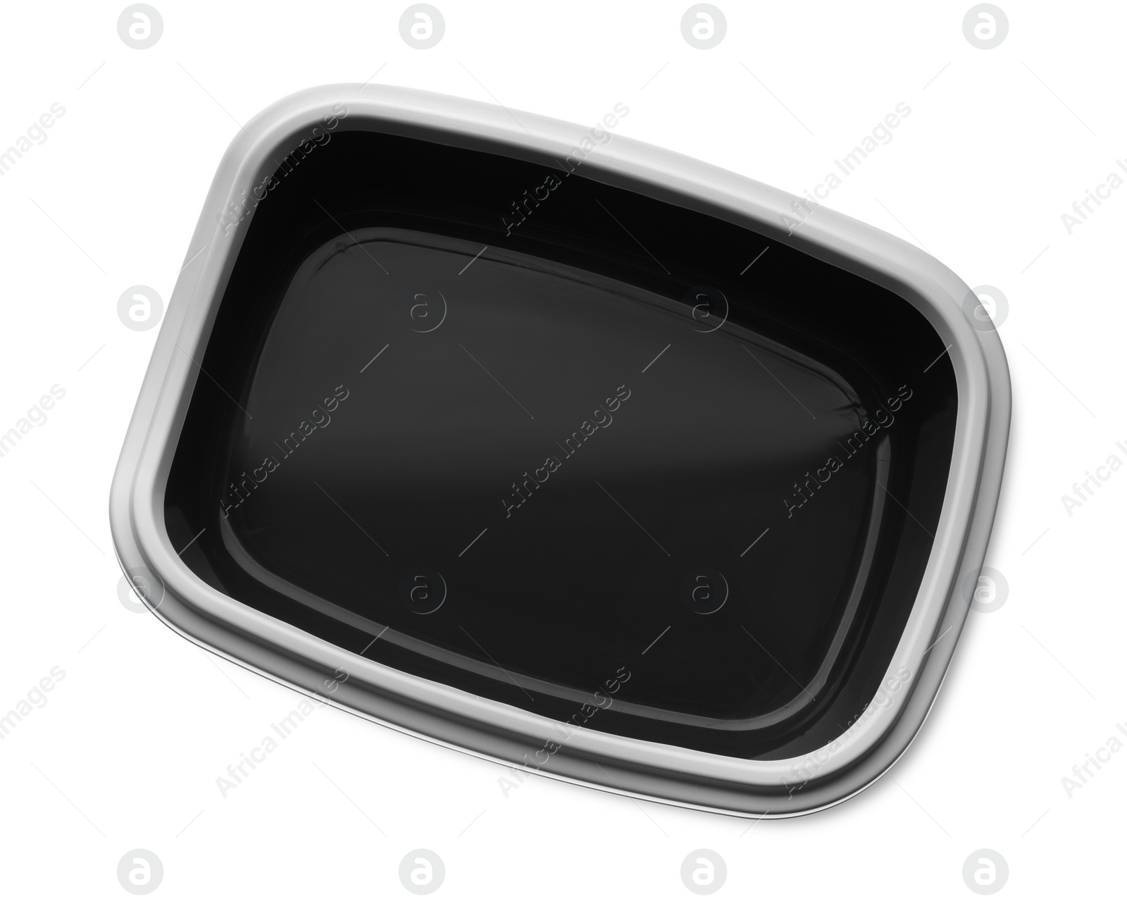 Photo of Empty black cat litter tray isolated on white, top view