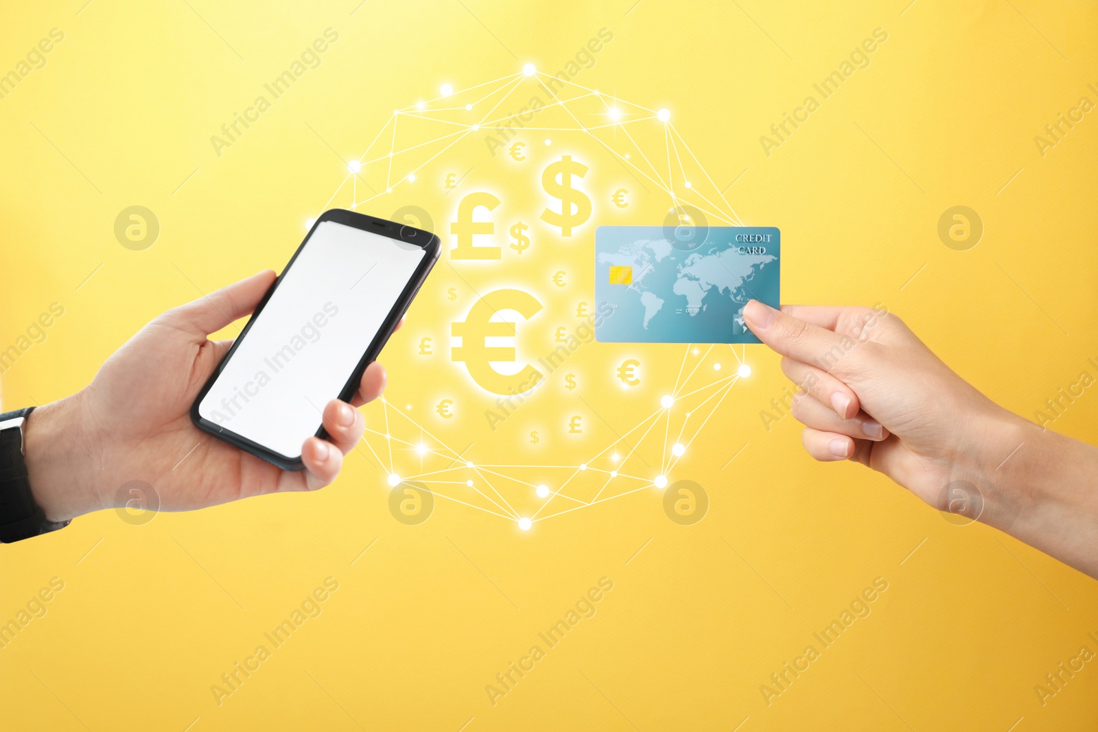 Image of Fintech concept. Man using phone to make financial transactions with credit card