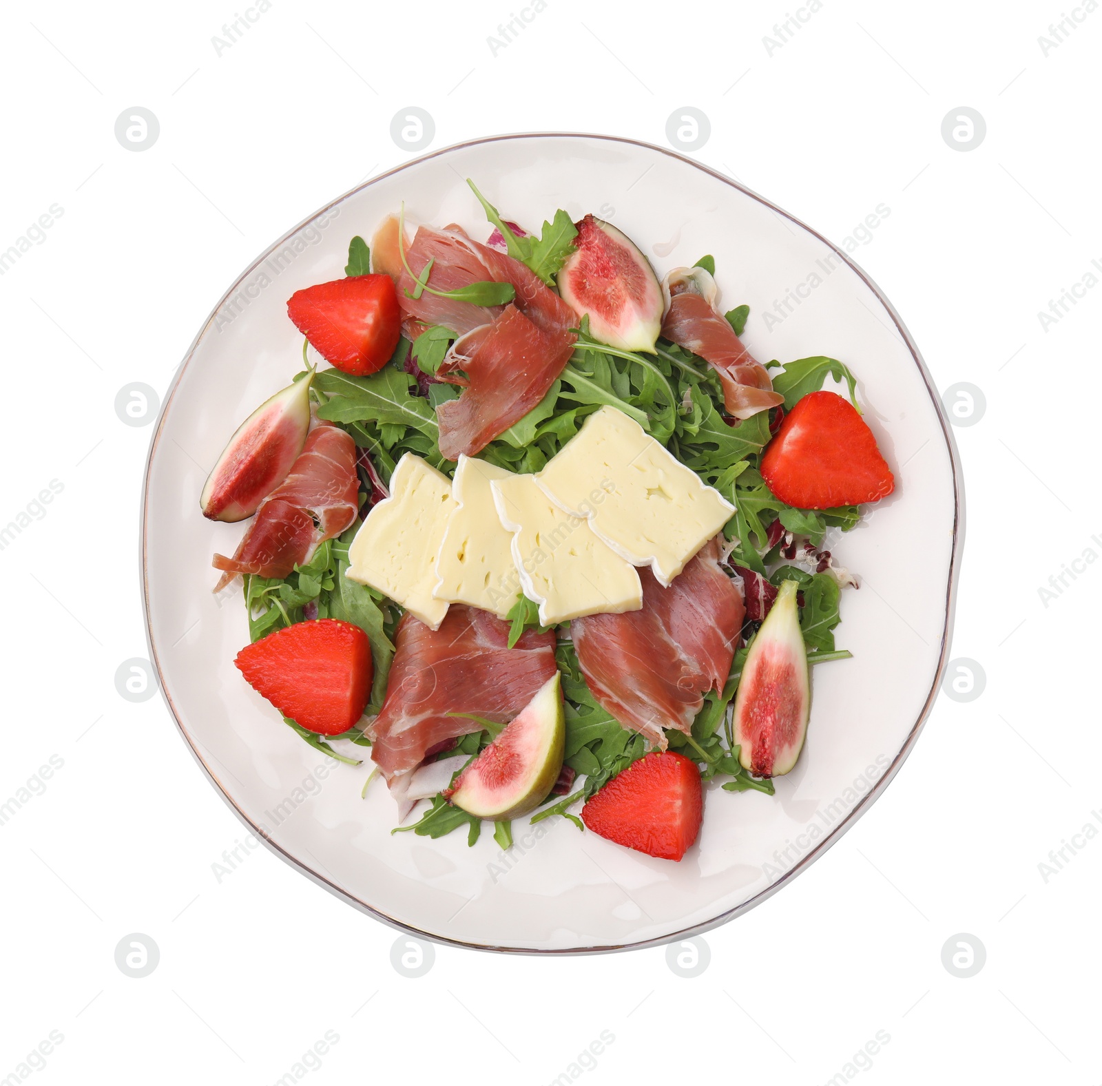 Photo of Tasty salad with brie cheese, prosciutto, strawberries and figs isolated on white, top view